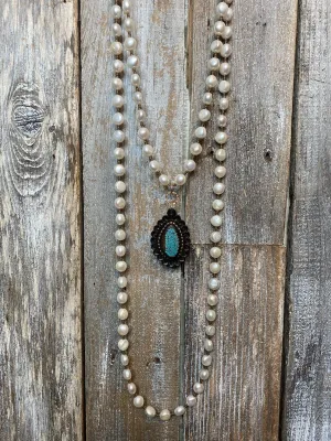 15975 60" Freshwater Pearl, Bronze & 35ct #8 Mine Turquoise/Leather Pendant Wrap Necklace