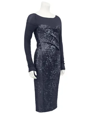 Charcoal Grey Sheer and Sequin Cocktail Dress