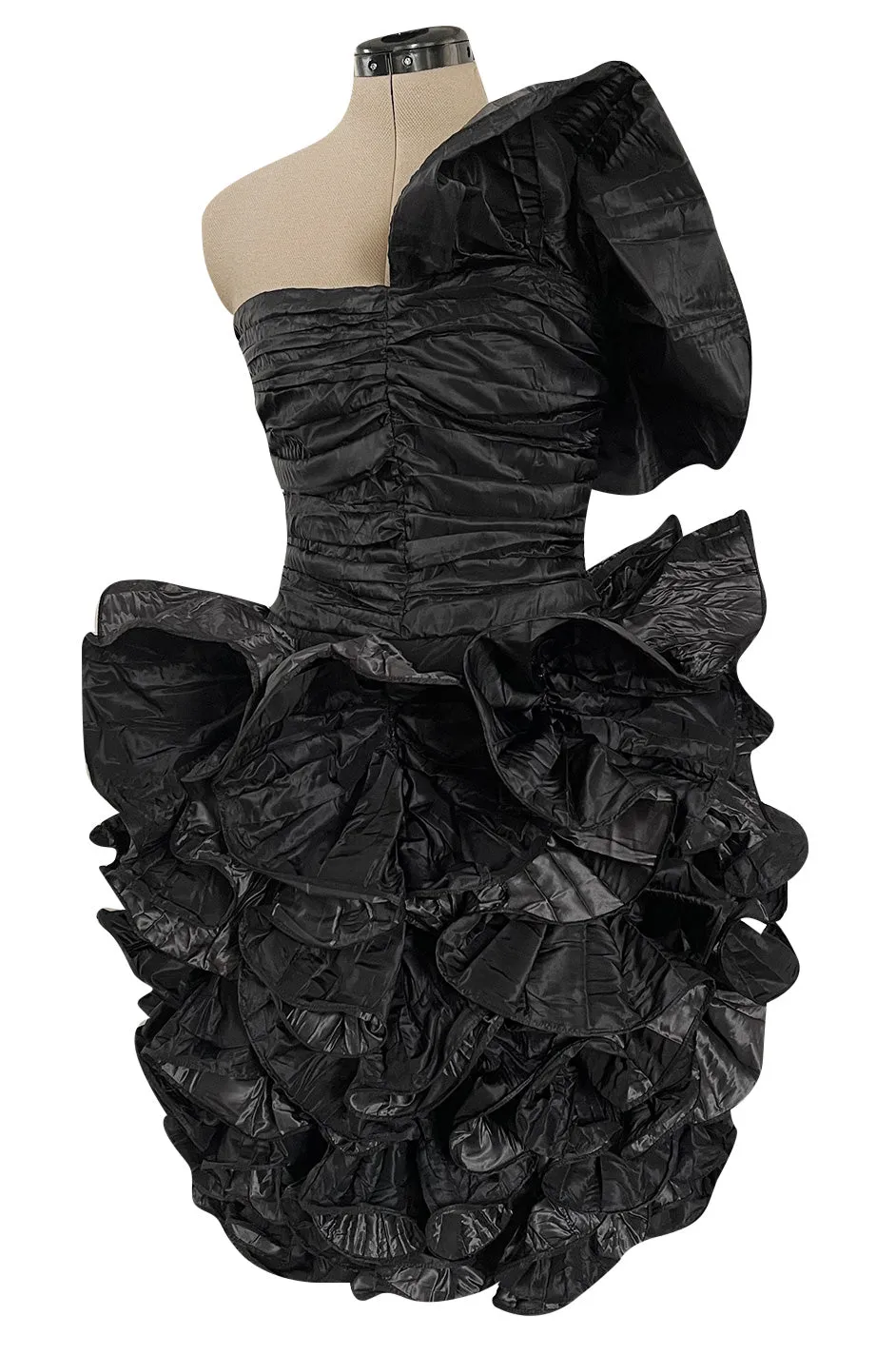 Incredible Fall 1985 Christian Dior by Marc Bohan Black Silk Taffeta Dress w Extravagant Ruffles
