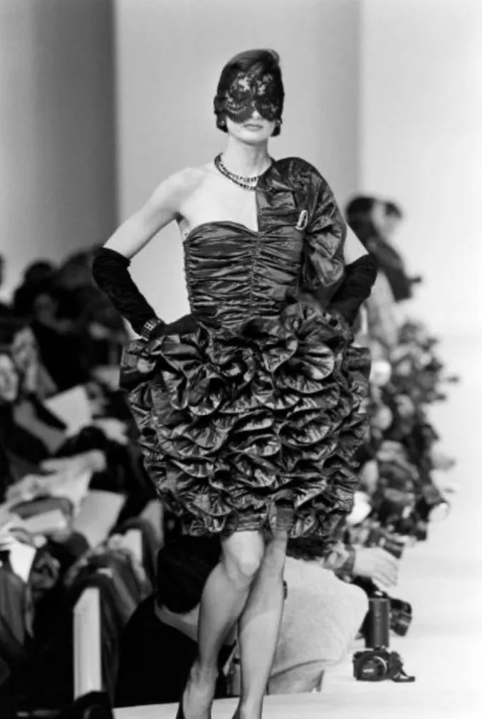 Incredible Fall 1985 Christian Dior by Marc Bohan Black Silk Taffeta Dress w Extravagant Ruffles