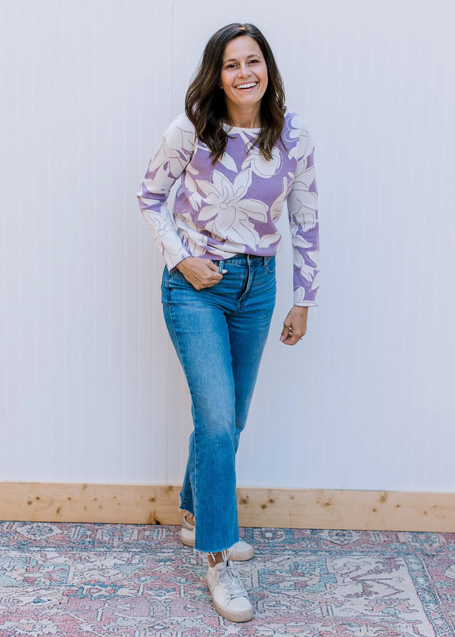Lavender Floral Boat Neck Sweater