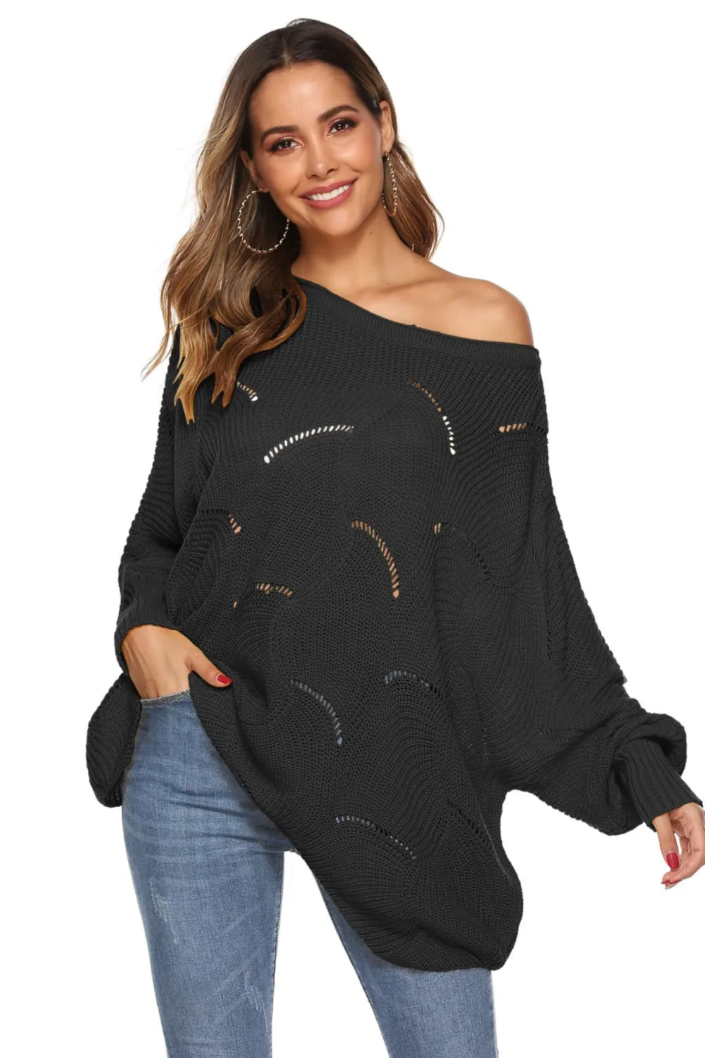 Leon Round Neck Long Sleeve Openwork Sweater
