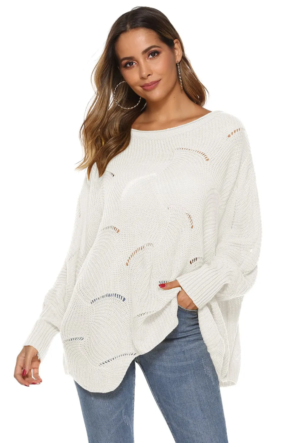 Leon Round Neck Long Sleeve Openwork Sweater