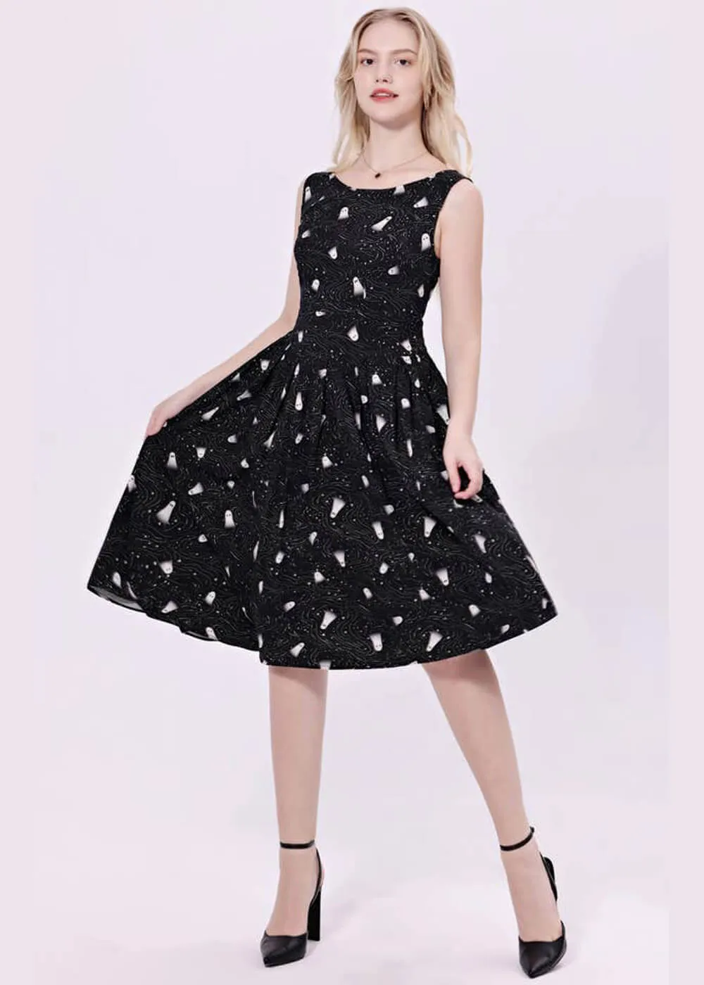 Miss Lulo Lily Spooky Ghosts 50's Swing Dress Black