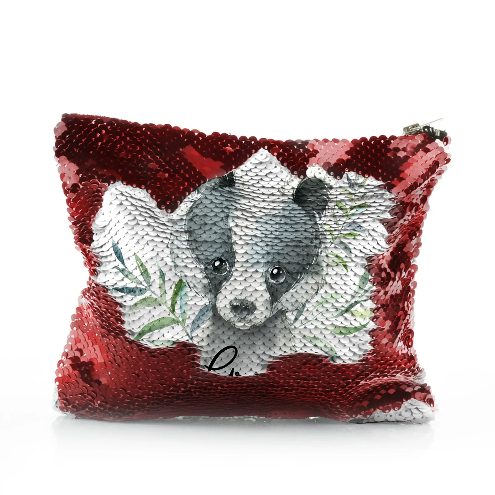 Personalised Sequin Zip Bag with Black and White Badger Leaves and Cute Text