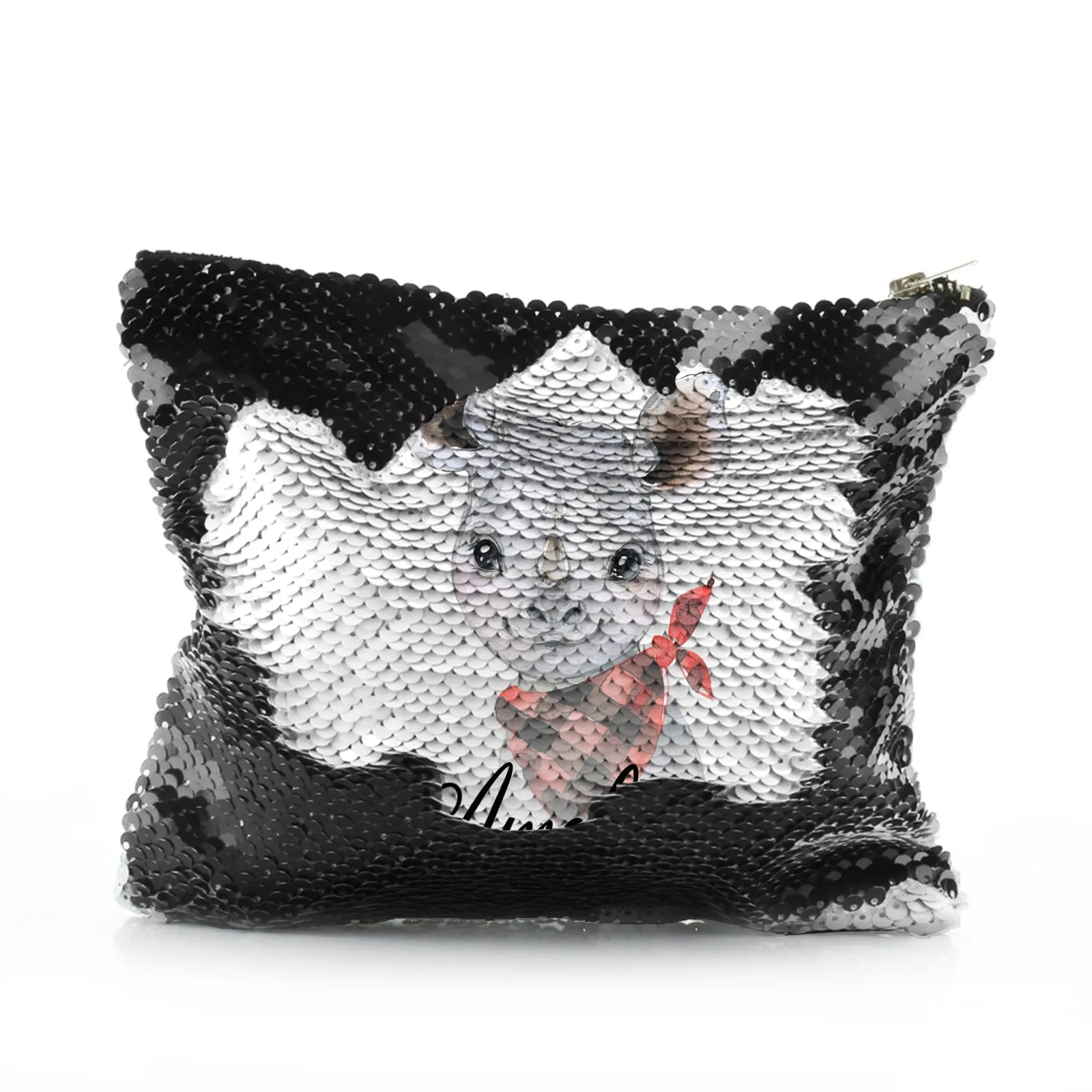 Personalised Sequin Zip Bag with Rhino Red and Black Check Neck and Cute Text
