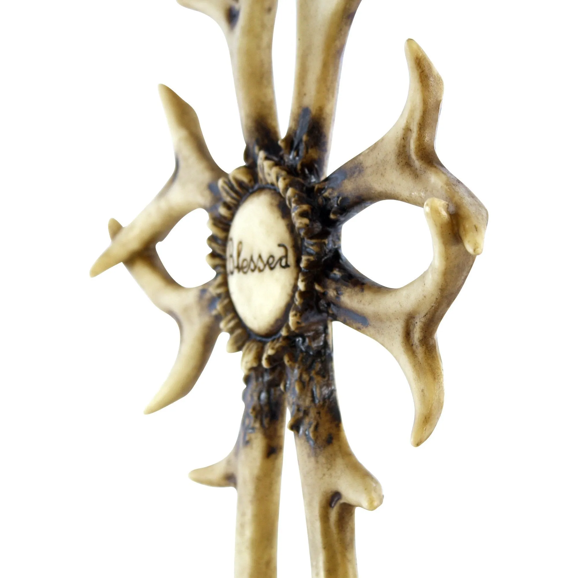 Pine Ridge Deer Antler Sheds Wall Hanging Cross Inscribed "Blessed" - Authentic Chic Natural Western Style Real Deer Antler Wall Cross Decor