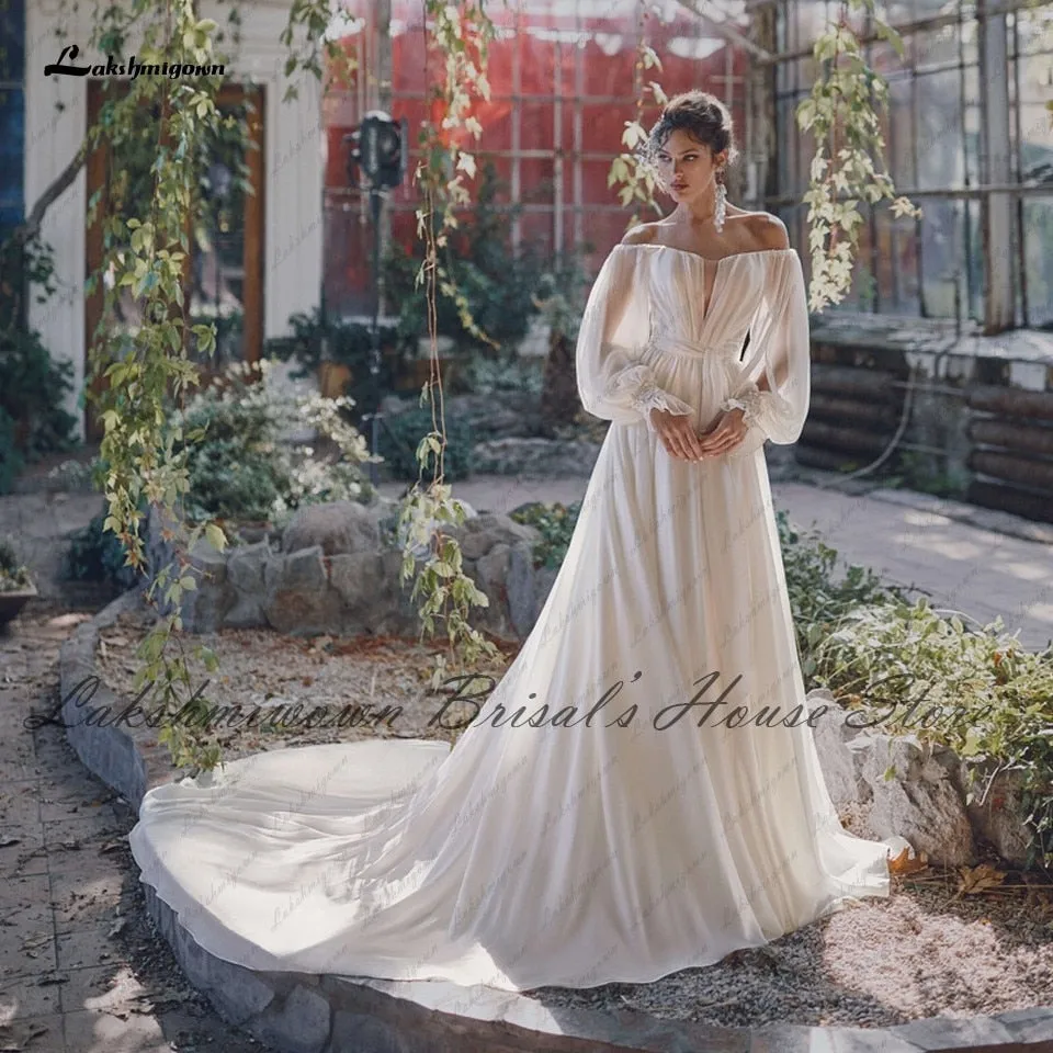 Roycebridal Sexy Bridal Puffy Long Sleeve Wedding Dress Off the Shoulder  Vestidos de Novia Chic Boho A Line Chiffon Wedding Gowns