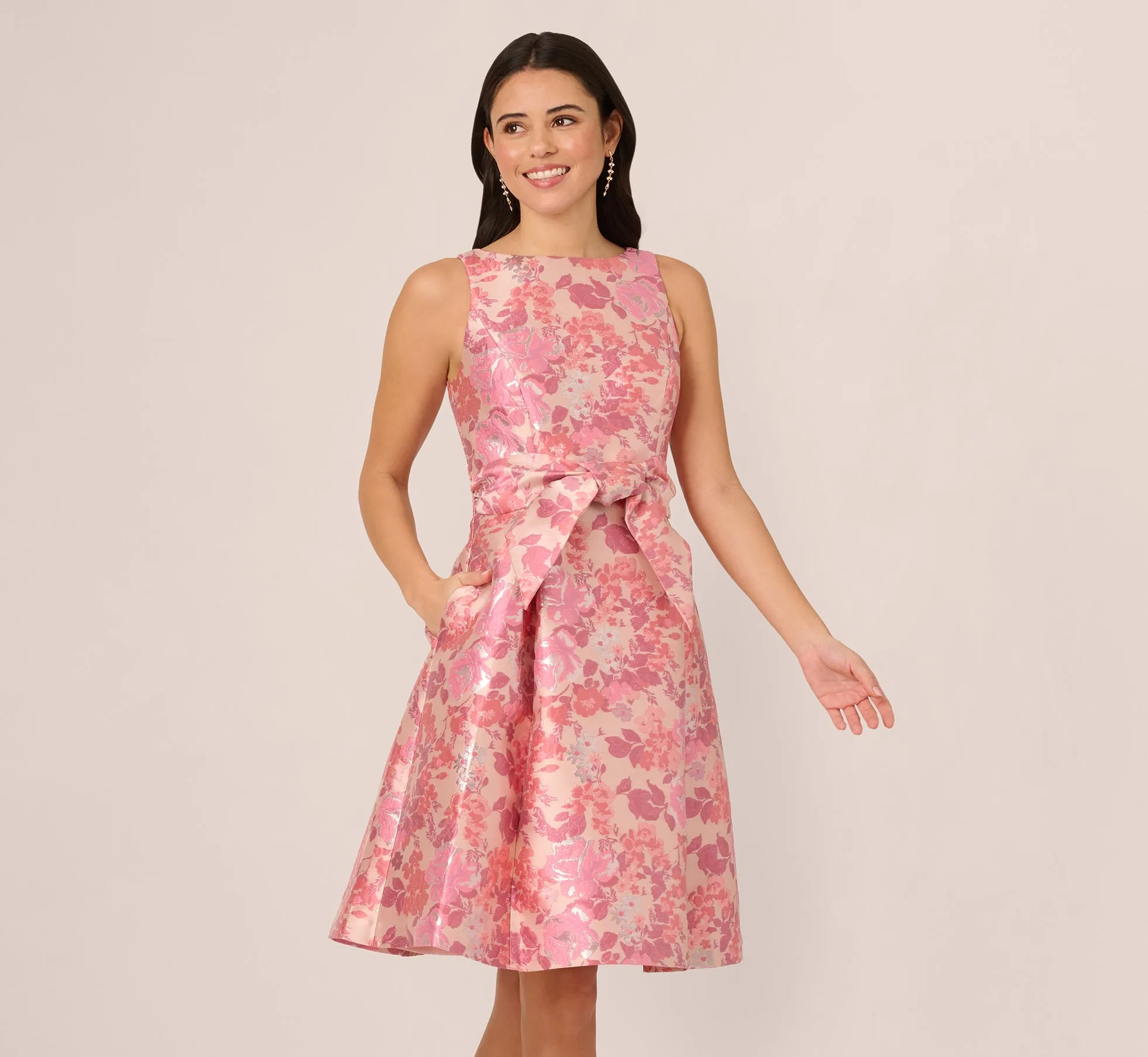 Sleeveless Floral Jacquard Fit And Flare Dress In Pink Multi