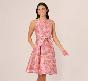 Sleeveless Floral Jacquard Fit And Flare Dress In Pink Multi