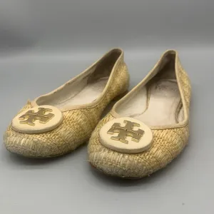 TORY BURCH Reva Raffia White Straw Natural Woven Gold Logo Ballet Flat Size 8